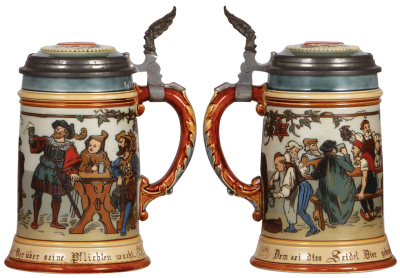 Two Mettlach steins, .5L, 2028, etched, inlaid lid, mint; with, .5L, 1914, etched, the 4F stein, inlaid lid, mint.     - 2