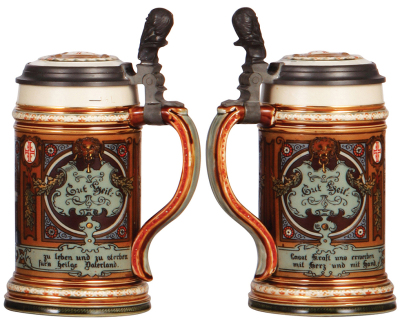 Two Mettlach steins, .5L, 2028, etched, inlaid lid, mint; with, .5L, 1914, etched, the 4F stein, inlaid lid, mint.     - 3