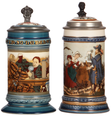 Two Mettlach steins, .5L, 2044, etched, inlaid lid, faint 2" hairline visible only inside; with, .5L, 2230, etched, by H. Schlitt, inlaid lid, mint.    