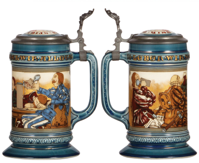 Two Mettlach steins, .5L, 2044, etched, inlaid lid, faint 2" hairline visible only inside; with, .5L, 2230, etched, by H. Schlitt, inlaid lid, mint.     - 2