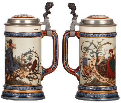 Two Mettlach steins, .5L, 2044, etched, inlaid lid, faint 2" hairline visible only inside; with, .5L, 2230, etched, by H. Schlitt, inlaid lid, mint.     - 3