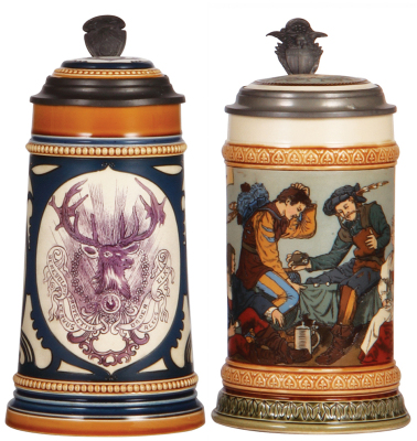 Two Mettlach steins, .5L, 2936, etched, Elks, inlaid lid, mint; with, .5L, 2441, etched, The Gamblers, inlaid lid, mint.    