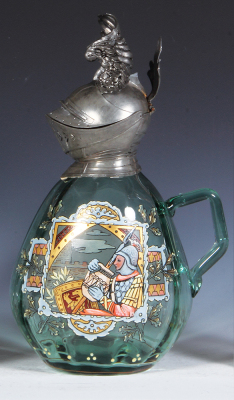 Glass pitcher, 1.0L, 11.2'' ht., blown, light green, enameled, pewter lid in form of helmet, small pewter repair, body mint.