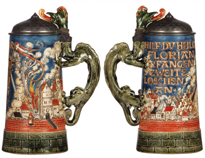 Two Mettlach steins, 1.0L, 1786, etched & glazed, pewter lid, dragon's head is a correct new replacement, otherwise mint; with, 1.0L, 2520, etched, inlaid lid, by H. Schlitt, inlay is a correct new replacement, fair repair of an upper rim chip.     - 2