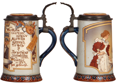 Two Mettlach steins, 1.0L, 1786, etched & glazed, pewter lid, dragon's head is a correct new replacement, otherwise mint; with, 1.0L, 2520, etched, inlaid lid, by H. Schlitt, inlay is a correct new replacement, fair repair of an upper rim chip.     - 3