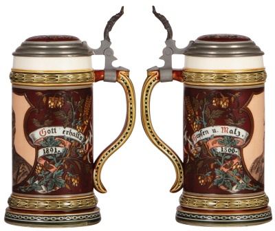 Two Mettlach steins, .5L, 1997, etched & PUG, George Ehret Brewer, inlaid lid, factory firing line on base; with, .5L, 2005, etched, inlaid lid, mint. - 2
