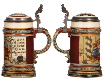 Two Mettlach steins, .5L, 1997, etched & PUG, George Ehret Brewer, inlaid lid, factory firing line on base; with, .5L, 2005, etched, inlaid lid, mint. - 3