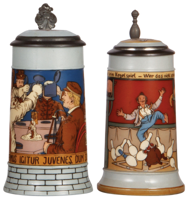 Two Mettlach steins, .5L, 2833F, etched, inlaid lid, .5" chip on edge of base; with, .5L, 2959, etched, inlaid lid, very small chip in rear.