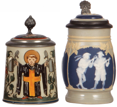 Two Mettlach steins, .25L, 2052, etched, 1" hairline in rear; with, .3L, 2608, cameo, inlaid lid, mint.