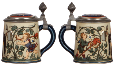 Two Mettlach steins, .25L, 2052, etched, 1" hairline in rear; with, .3L, 2608, cameo, inlaid lid, mint. - 2