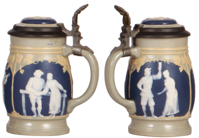 Two Mettlach steins, .25L, 2052, etched, 1" hairline in rear; with, .3L, 2608, cameo, inlaid lid, mint. - 3