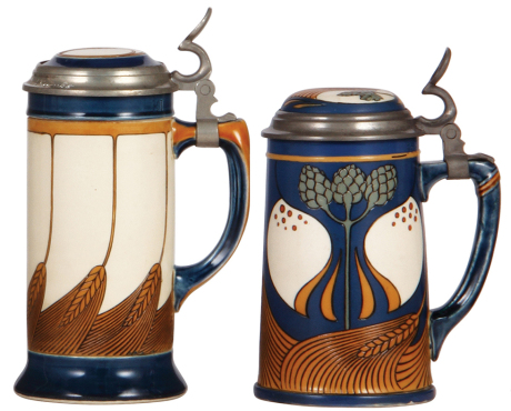 Two Mettlach steins, .5L, 2891, etched, Art Nouveau, very small flake on underside of base; with, .5L, 2934, etched, Art Nouveau, inlaid lid, 1" shallow chip on underside of base.