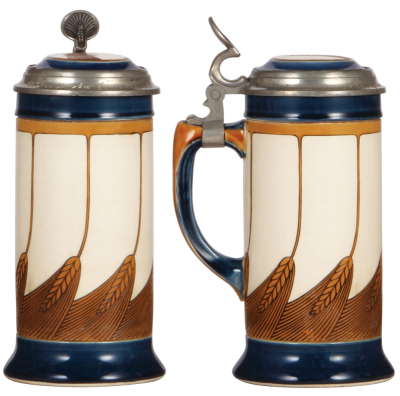 Two Mettlach steins, .5L, 2891, etched, Art Nouveau, very small flake on underside of base; with, .5L, 2934, etched, Art Nouveau, inlaid lid, 1" shallow chip on underside of base. - 2