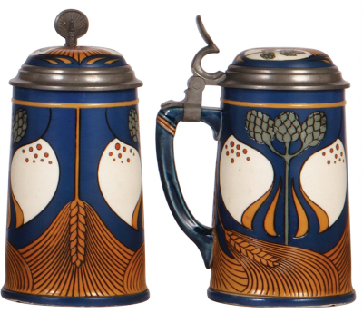 Two Mettlach steins, .5L, 2891, etched, Art Nouveau, very small flake on underside of base; with, .5L, 2934, etched, Art Nouveau, inlaid lid, 1" shallow chip on underside of base. - 3