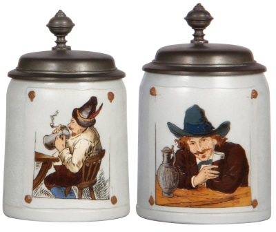 Two Mettlach steins, .5L, 1646, etched, tapestry, pewter lid, center hinge ring missing, otherwise mint; with, .5L, 1642, etched, tapestry, pewter lid, mint.