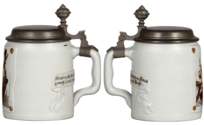 Two Mettlach steins, .5L, 1646, etched, tapestry, pewter lid, center hinge ring missing, otherwise mint; with, .5L, 1642, etched, tapestry, pewter lid, mint. - 2