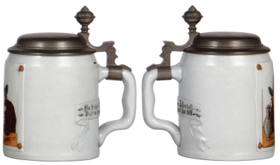 Two Mettlach steins, .5L, 1646, etched, tapestry, pewter lid, center hinge ring missing, otherwise mint; with, .5L, 1642, etched, tapestry, pewter lid, mint. - 3