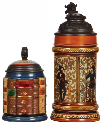 Two Mettlach steins, .5L, 2001B, decorated relief, Medical Book Stein, inlaid lid, .5" shallow chip on upper rim; with, 1.0L, 1154, etched, pewter lid, 2" line on the base.