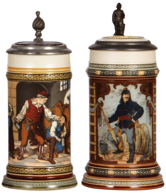 Two Mettlach steins, .5L, 2282, etched, inlaid lid, small base flake; with, 1724, etched, Fireman, inlaid lid, inlay cracked and missing helmet finial.