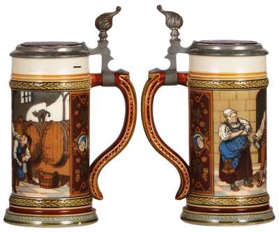 Two Mettlach steins, .5L, 2282, etched, inlaid lid, small base flake; with, 1724, etched, Fireman, inlaid lid, inlay cracked and missing helmet finial. - 2