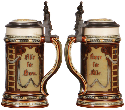 Two Mettlach steins, .5L, 2282, etched, inlaid lid, small base flake; with, 1724, etched, Fireman, inlaid lid, inlay cracked and missing helmet finial. - 3
