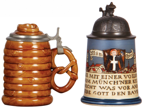 Two Mettlach steins, .5L, 2388, Character, Pretzels, inlaid lid, mint; with, .5L, 2002, etched, original pewter lid: festive scenes, mint.