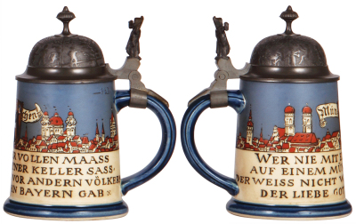 Two Mettlach steins, .5L, 2388, Character, Pretzels, inlaid lid, mint; with, .5L, 2002, etched, original pewter lid: festive scenes, mint. - 3