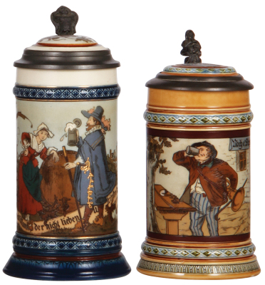 Two Mettlach steins, .5L, 2230, etched, by H. Schlitt, inlaid lid, base repaired; with, .5L, 1995, etched, inlaid lid, inlay repair has some deterioration inside.