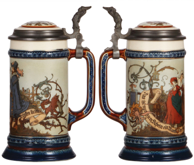 Two Mettlach steins, .5L, 2230, etched, by H. Schlitt, inlaid lid, base repaired; with, .5L, 1995, etched, inlaid lid, inlay repair has some deterioration inside. - 2