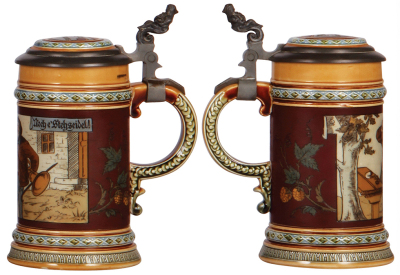 Two Mettlach steins, .5L, 2230, etched, by H. Schlitt, inlaid lid, base repaired; with, .5L, 1995, etched, inlaid lid, inlay repair has some deterioration inside. - 3