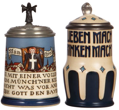 Two Mettlach steins, .5L, 2002, etched, original relief pewter lid: München, hairlines in bottom; with, .5L, 3240, etched, inlaid lid, good base chip repair.