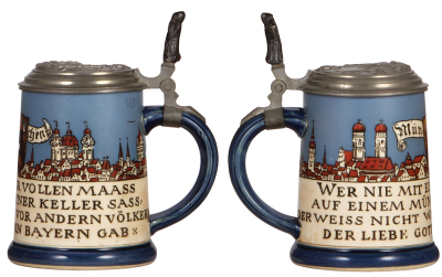 Two Mettlach steins, .5L, 2002, etched, original relief pewter lid: München, hairlines in bottom; with, .5L, 3240, etched, inlaid lid, good base chip repair. - 2