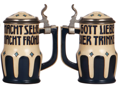 Two Mettlach steins, .5L, 2002, etched, original relief pewter lid: München, hairlines in bottom; with, .5L, 3240, etched, inlaid lid, good base chip repair. - 4
