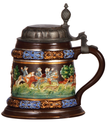 Mettlach stein, .5L, 2526, decorated relief, Creussen style, pewter lid slightly dented, 1" base chip in rear. - 2