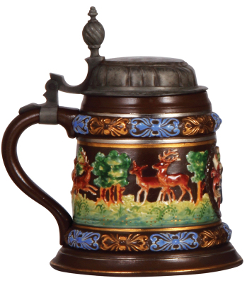 Mettlach stein, .5L, 2526, decorated relief, Creussen style, pewter lid slightly dented, 1" base chip in rear. - 3