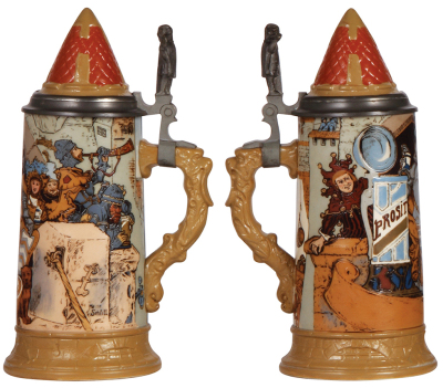 Mettlach stein, .5L, 2580, etched, by H. Schlitt, inlaid lid, very good repair of chip on inlay. - 2