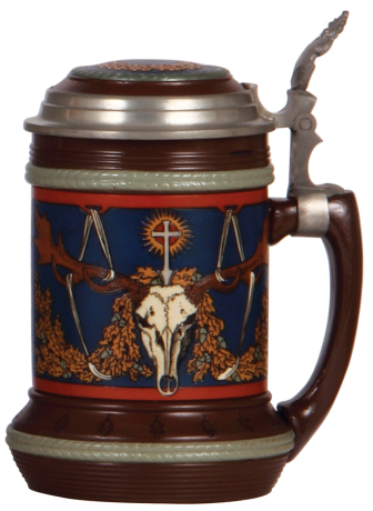 Mettlach stein, .5L, 2813, etched, St. Hubertus, inlaid lid, mint.