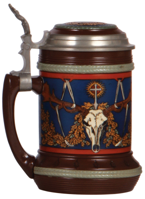 Mettlach stein, .5L, 2813, etched, St. Hubertus, inlaid lid, mint. - 2