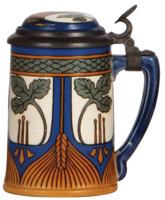 Mettlach stein, .25L, 2935, etched, Art Nouveau, inlaid lid, interior glaze browning, otherwise mint.