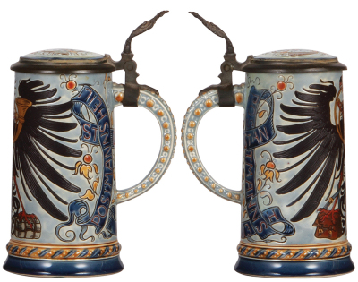 Mettlach stein, .5L, 1856, etched, Deutsche Post, inlaid lid, good repair to hairline on inlay and body by handle. - 2