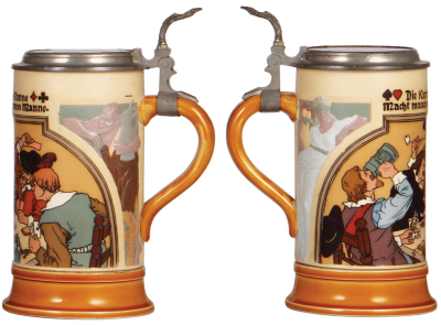 Mettlach stein, 1.0L, 3329, etched & relief, original inlay has been replaced with dark red glass, body mint. - 2