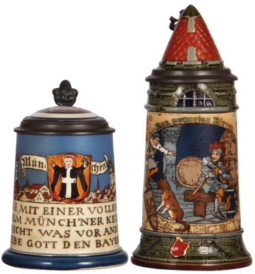 Two Mettlach steins, .5L, 2002,etched, inlaid lid, mint; with, .5L, 2382, etched, by H. Schlitt, inlaid lid, inlay cracks, body mint.
