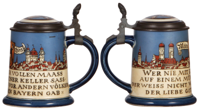 Two Mettlach steins, .5L, 2002,etched, inlaid lid, mint; with, .5L, 2382, etched, by H. Schlitt, inlaid lid, inlay cracks, body mint. - 2