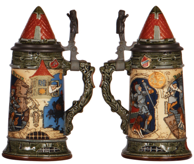 Two Mettlach steins, .5L, 2002,etched, inlaid lid, mint; with, .5L, 2382, etched, by H. Schlitt, inlaid lid, inlay cracks, body mint. - 3