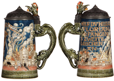 Two Mettlach steins, .5L, 1786, etched, pewter lid, dragon head thumblift chipped, body mint; with, .5L, 2002, etched, original pewter lid, handle breaks glued, hairlines in body. - 2