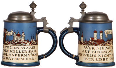 Two Mettlach steins, .5L, 1786, etched, pewter lid, dragon head thumblift chipped, body mint; with, .5L, 2002, etched, original pewter lid, handle breaks glued, hairlines in body. - 3