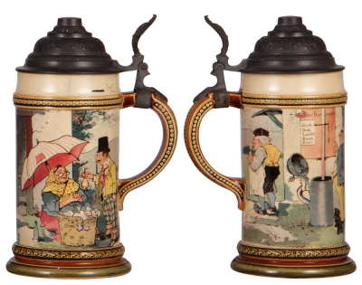 Two Mettlach steins, .5L, 941[2140], PUG, pewter lid, mint; with, .5L, 983[1909], PUG, pewter lid, mint. - 2