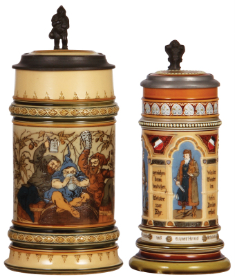 Two Mettlach steins, 1.0L, 1053, etched, inlaid lid, cracked inlay, body mint; with, .5L, 1379, etched, inlaid lid, cracked inlay & cracked handle.