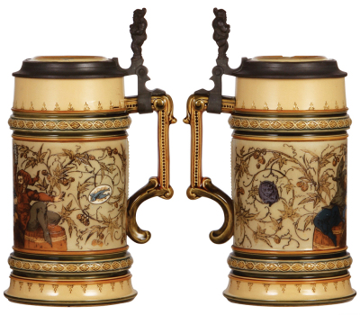 Two Mettlach steins, 1.0L, 1053, etched, inlaid lid, cracked inlay, body mint; with, .5L, 1379, etched, inlaid lid, cracked inlay & cracked handle. - 2