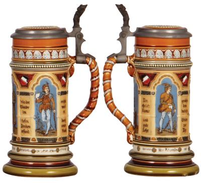 Two Mettlach steins, 1.0L, 1053, etched, inlaid lid, cracked inlay, body mint; with, .5L, 1379, etched, inlaid lid, cracked inlay & cracked handle. - 3